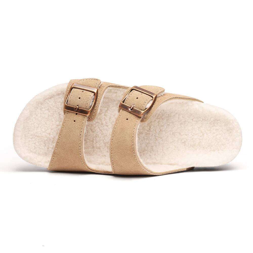 Litfun New Women's Winter Slippers Thick Sole Cork Footed Ladies Slides Fur Lining Warm Sandals With Adjustable Double Buckle