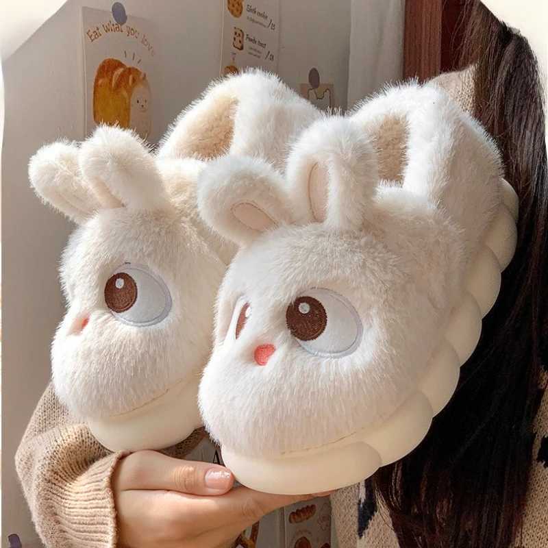 Cute Cartoon Rabbit Cotton Slippers For Women Winter House Shoes Warm Plush Thick Sole Anti-slip Female Home Floor Fluffy Slides S260305