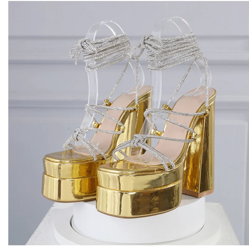 MM Arrival Rhinestone Embellished Knot T-Strap Heels Roman Peep-toe Summer Sandals Shiny Perfomance Anniversary Footwear 260306
