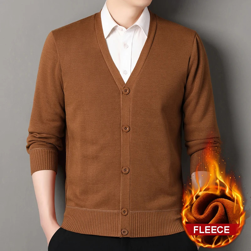 Mens Autumn Clothes Fleece Cardigan Jacket Knitted Sweater Outwear V-neck Fashion Cardigans Warm Mens Top 260306