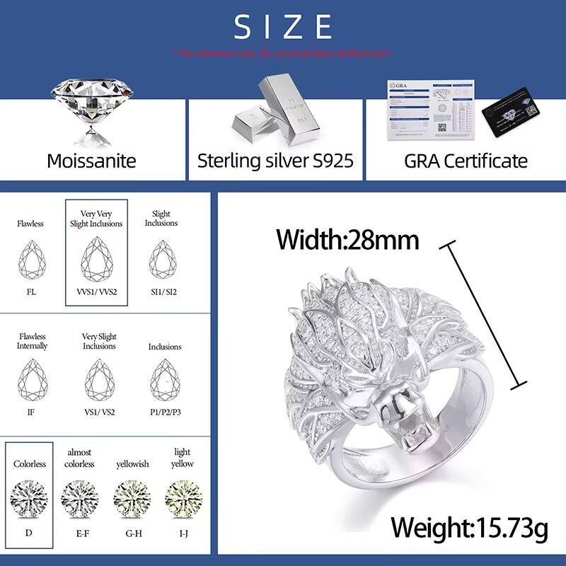 S925 Moissanite Hip Hop Iced Out Fashion Jewelry Dragon Rings For Men Animal Silver King Party Christmas Gift