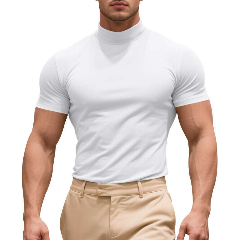 25 Cross-border European American men's summer stretch slim-fit British gentleman casual base shirt with a small high collar and short sleeves
