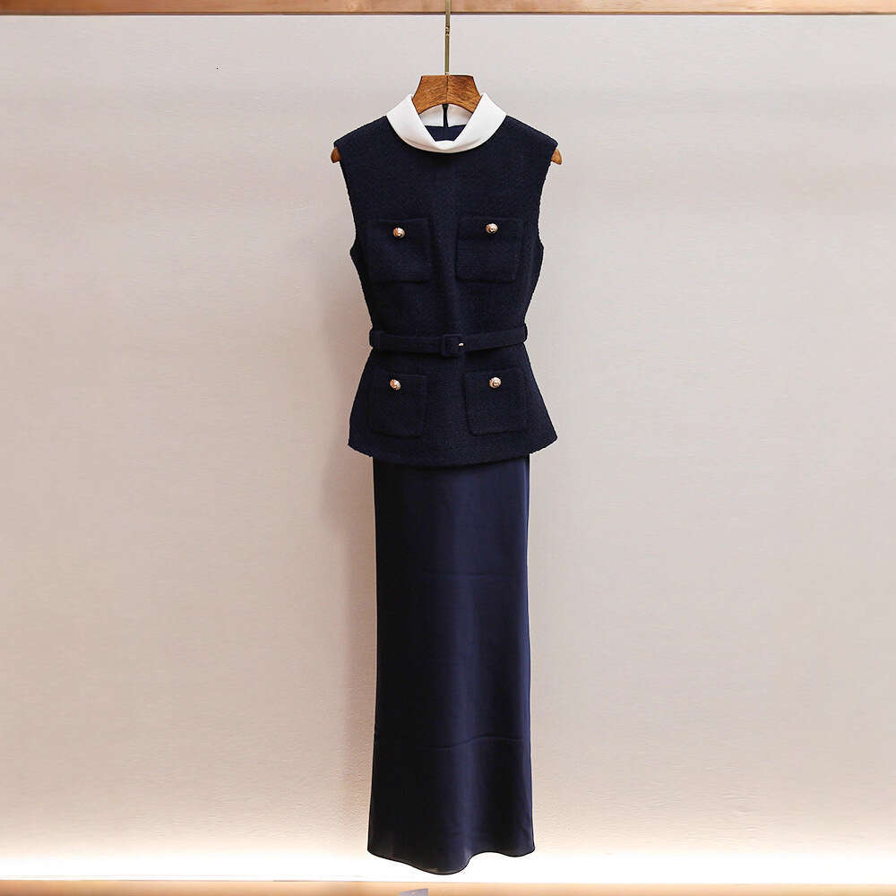 2026 Spring and Autumn New Elegant High end Social Style Waist Vest e22 Women's Fake Two piece Satin Long sleeved Dress