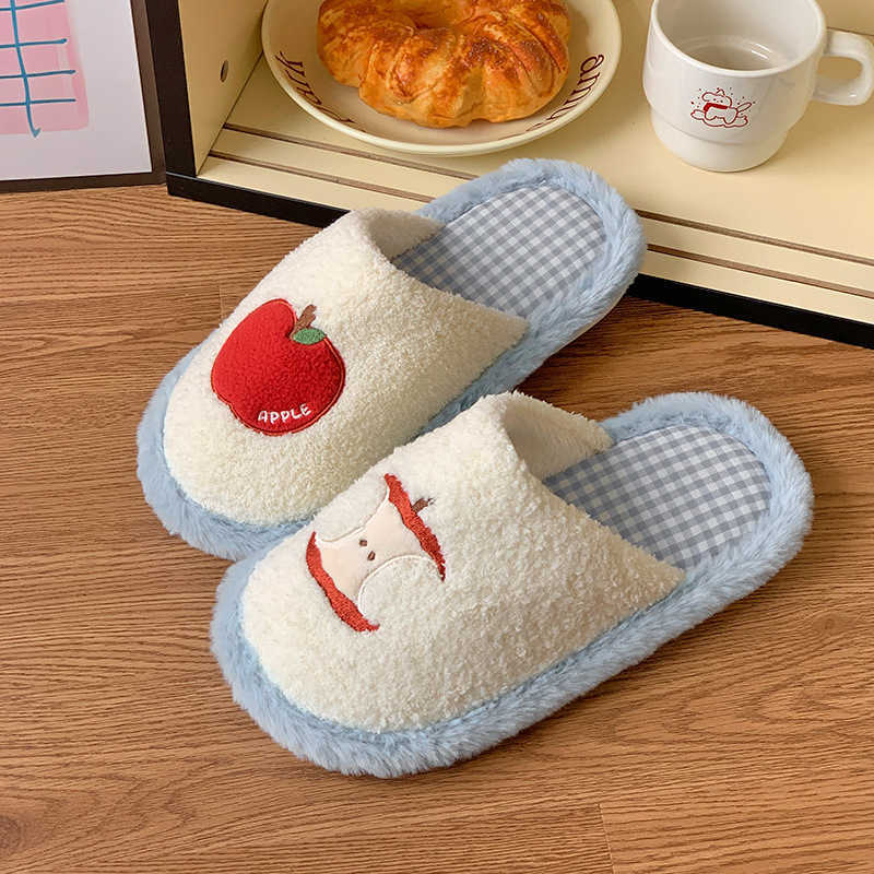 Cute Red Apple Cotton Slippers for Women Winter Girly Fuzzy Shoes Home Floor Non-Slip Maternity Shoes S260305