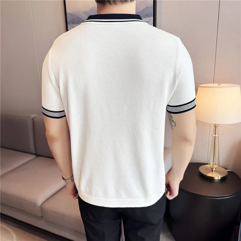Knitted Polo Shirt Short Sleeved British Style High Stretch Summer Ice Silk Light Thin Solid Casual T-shirt Trendy Men Clothing 260304