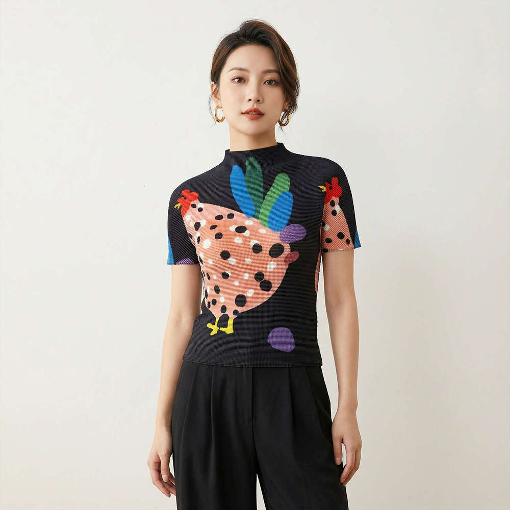 Miyake printed top, new cartoon chick half-high collar short-sleeve T-shirt, slim-fit, elegant, Designer ruched base shirt