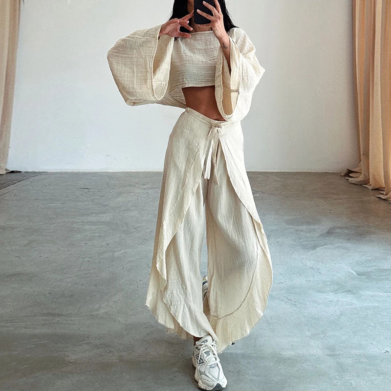 Spring Casual Solid Cotton Linen Suit Summer O Neck Crop TopLace-up Ruffle Pants Outfit Sets for Women Flare Sleeve Hollow 2pcs 260305