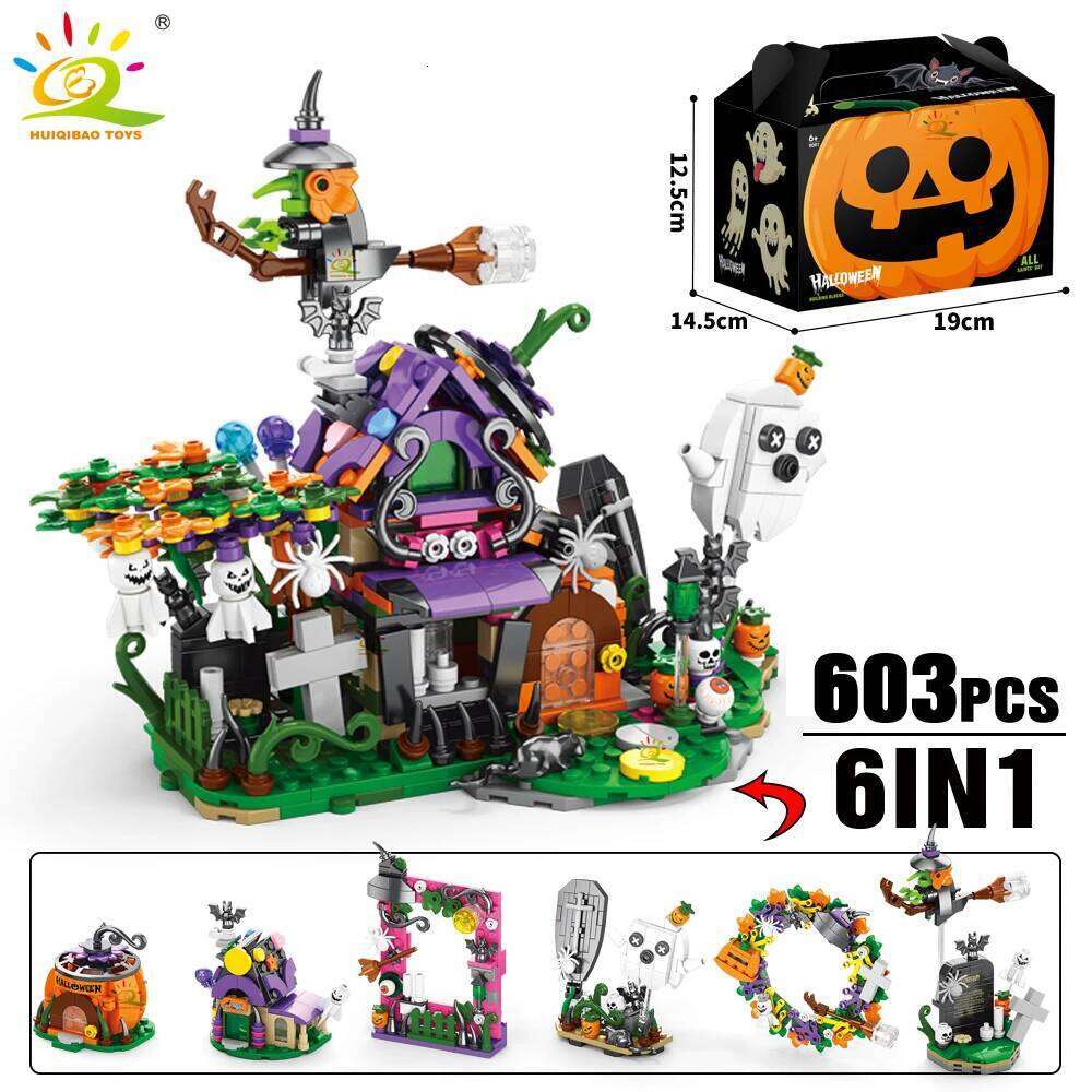 HUIQIBAO 6IN1 Halloween House Train Model Building Blocks City Pumpkin Ghost Car MOC Bricks Set Toys for Children Kids Gift Z260305
