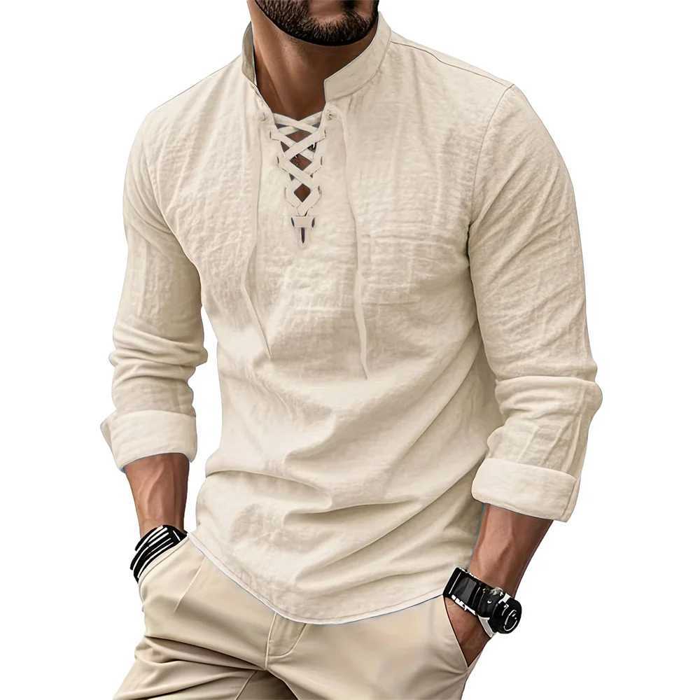 Mens Vintage V-neck T-shirt Cotton Linen Pirate Medieval Viking Gothic Tops Shirts Long Sleeved Cospaly Halloween Party Top M260305