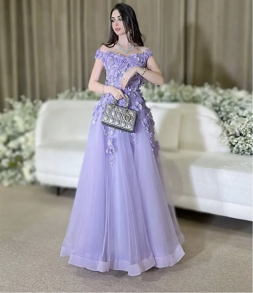 New Modern Purple Prom Party Dress 2026 Off the Shoulder 3D Flowers Lace Tulle Evening Birthday Formal Gowns Pageant Dresses Arabic Dubai Robe De Soir