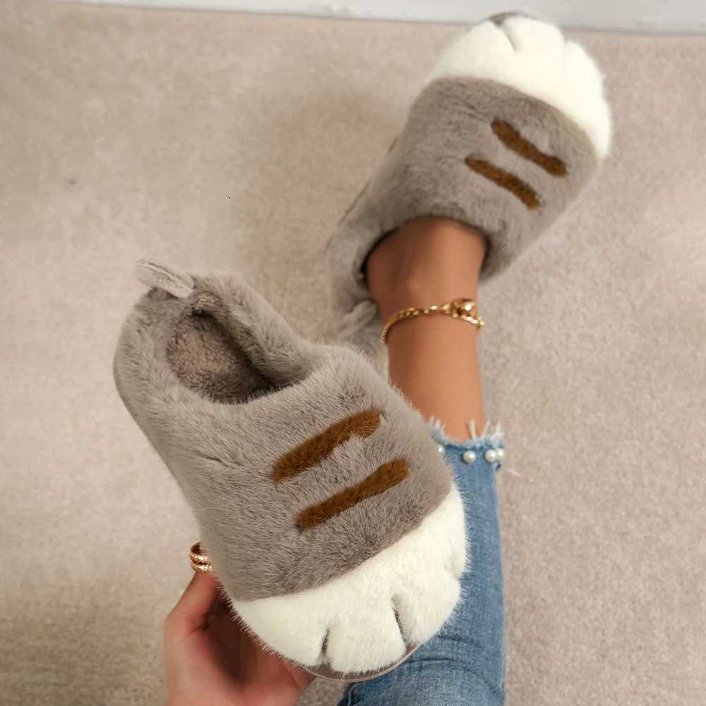 3D Cat Paw Plush Slippers Flat Thermal Slippers Comfortable Fluffy Home Slippers Anti Slip Cute Paw Slippers for Indoor Bedroom S260305