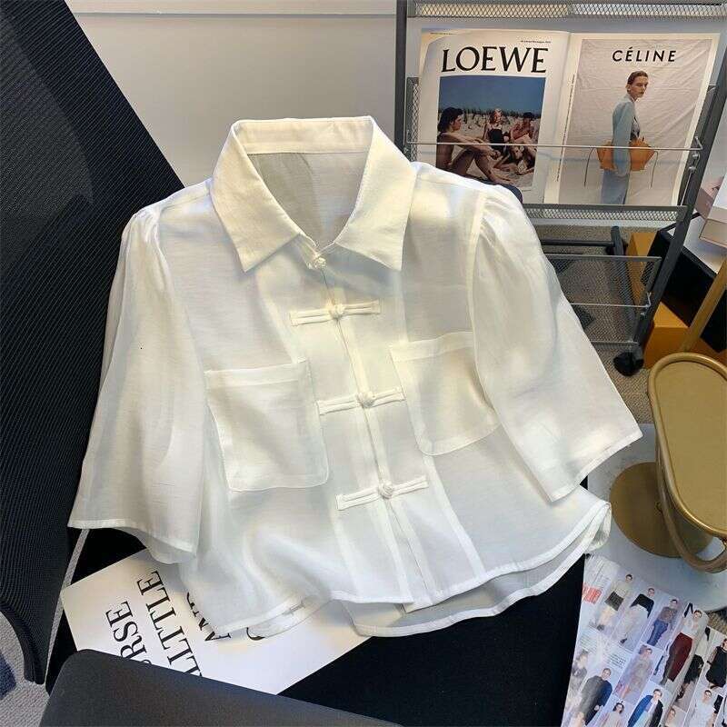 Summer Loose Pure Color Women's irt f Sve Button up Ne Design Casual Versatile Top for Office And Commute New Chinese Style frog button