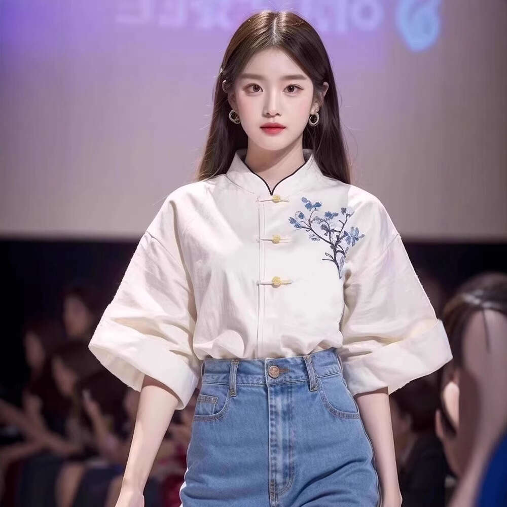 Mardi Hefxessdr Women's Clothing Summer New Improved Tang Suit Slimming Top Stylish White Drop-Shoulder Sleeve Embroidered Shirt style shirt wome