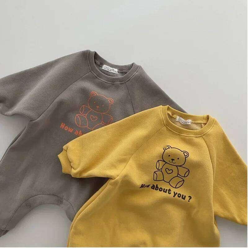 New Autumn Baby Boy Romper Yellow Light Coffee Long Sleeves Round Collar Cartoon Bear Jumpsuit Playsuit Newborn Clothes E3841 Z260306