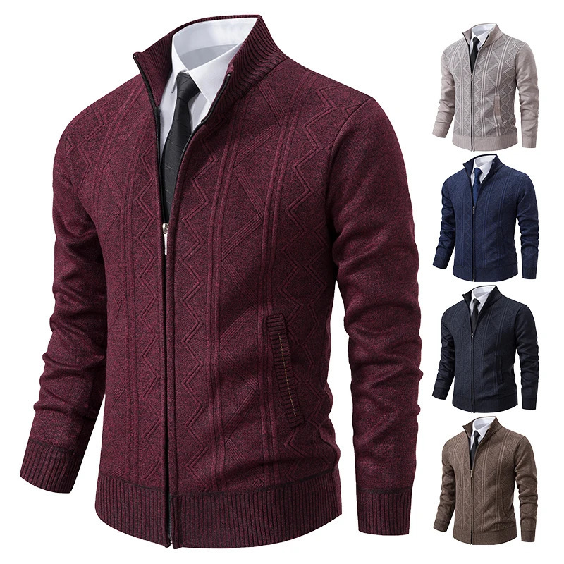 Thickened jacket mens autumn and winter warm trend line stand collar knitted cardigan sweater coat 260306