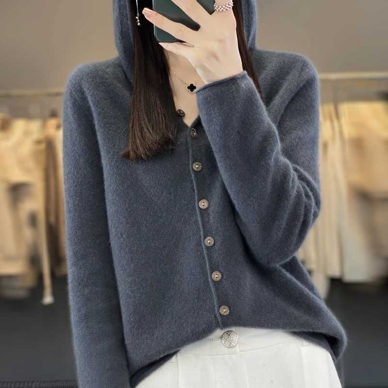 Hooded Cashmere Cardigan 100 Merino Wool Womens Hooded Sweater Cardigan Solid Color Warm Loose Knit Top M260306