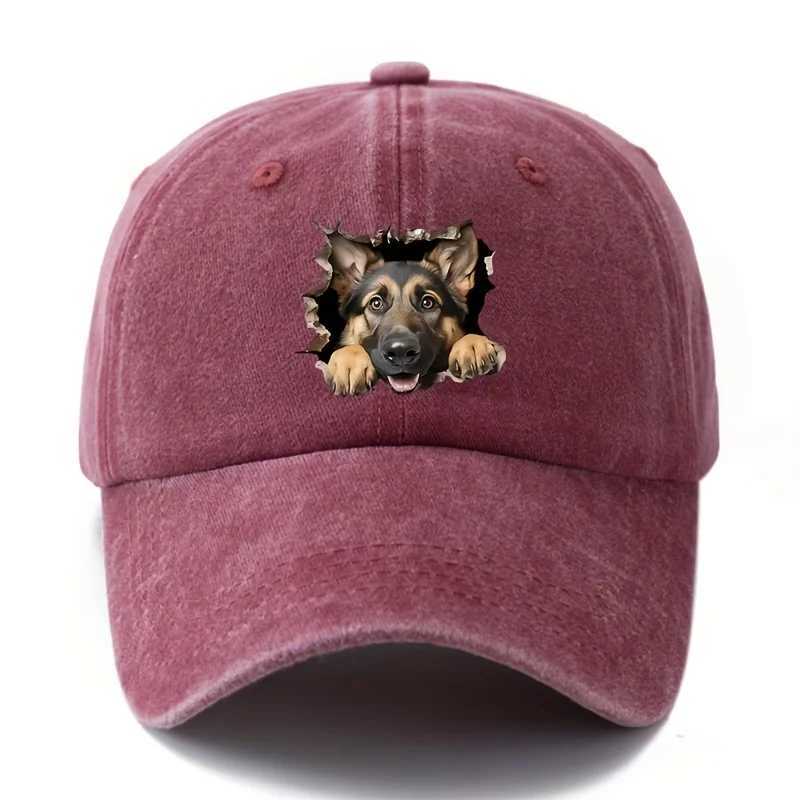 Adjustable retro washed baseball cap with German Shepherd print suitable for casual hip-hop hats at parties and festivals S260306