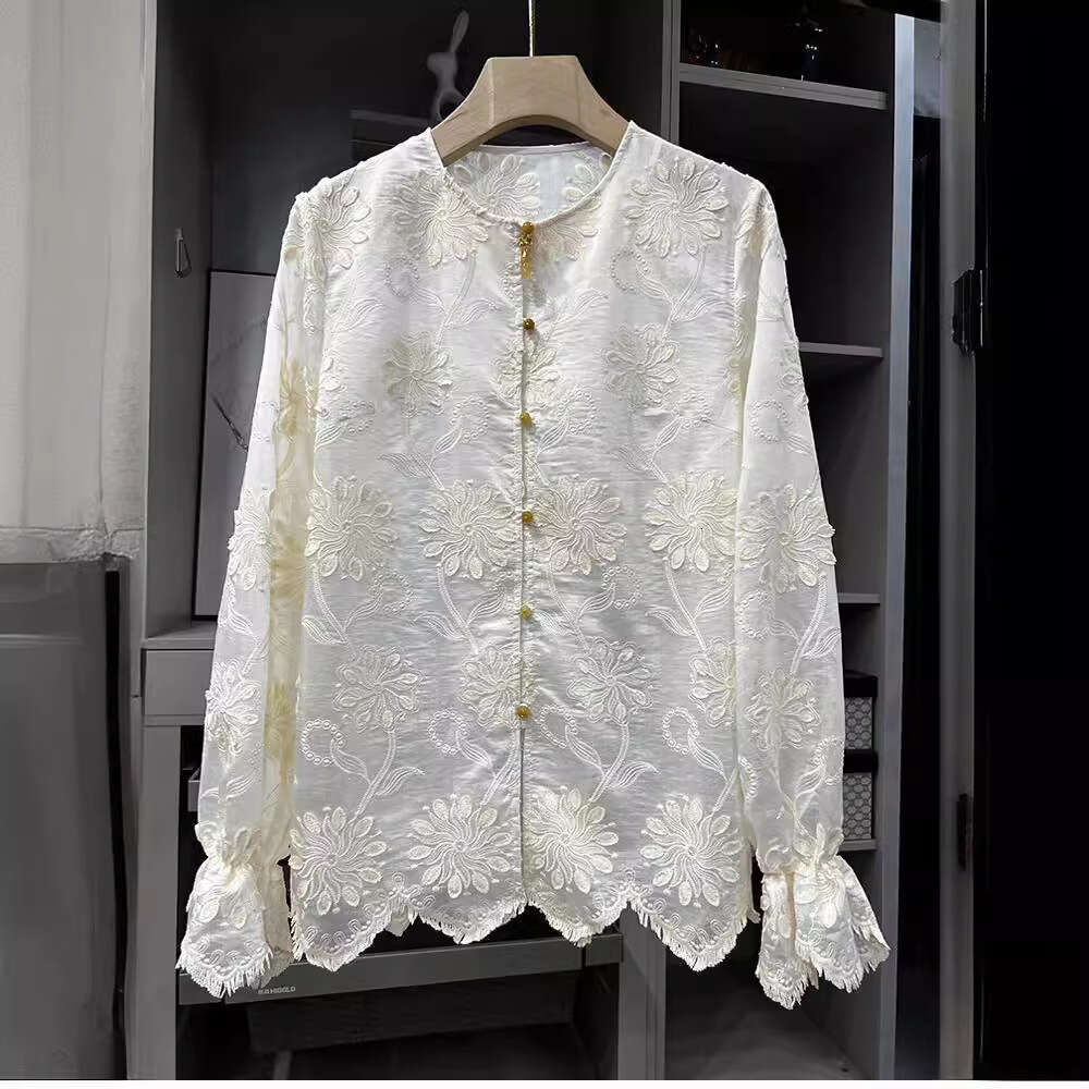 Mardi Hefxessdr Women's Leisure Blouse 2026 Spring Lace Temperament Embroidered Ladies Tops Retro Fashion Lady Shirt style shirt women's clo