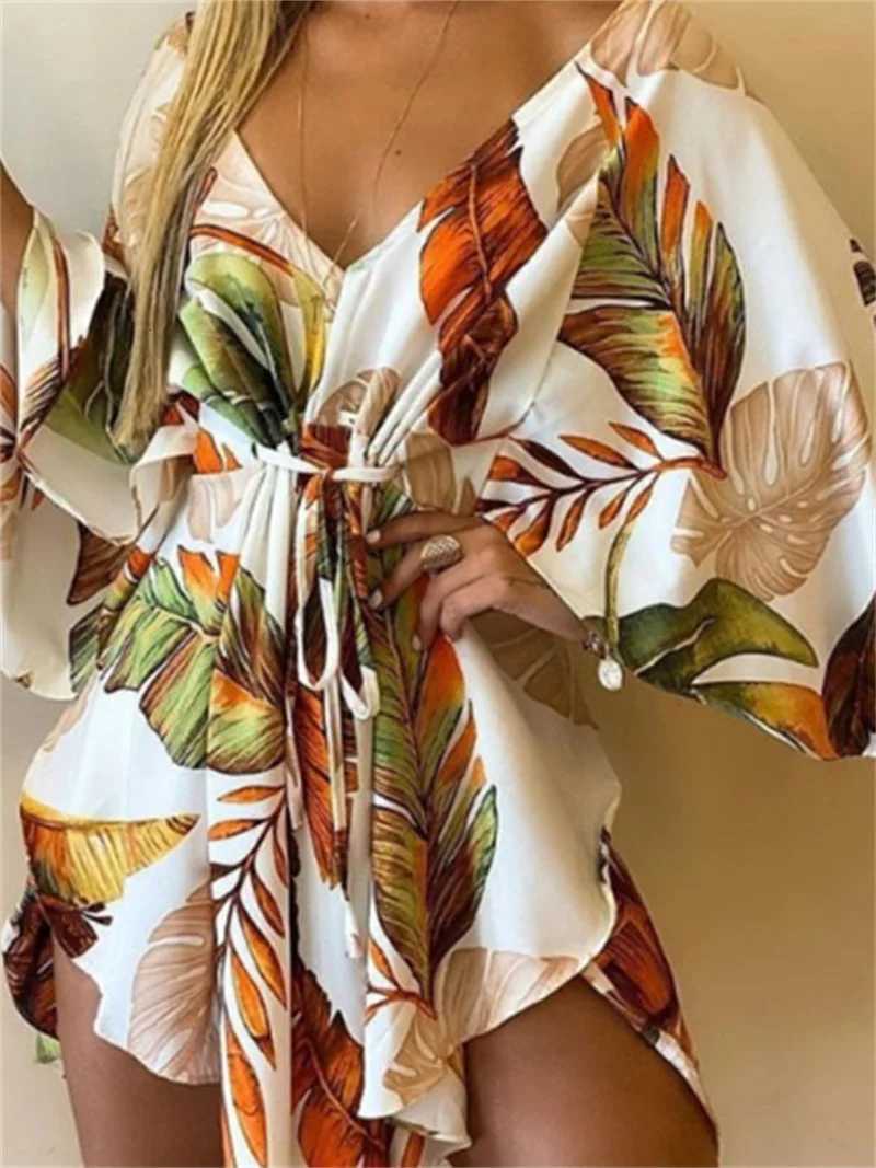 Women Print Dress Sexy V-Neck Bat Sleeve Ruffl Flowers Print Bohemian Beach Sundress Ladies Loose Summer Vacation Mini Dresses X260306
