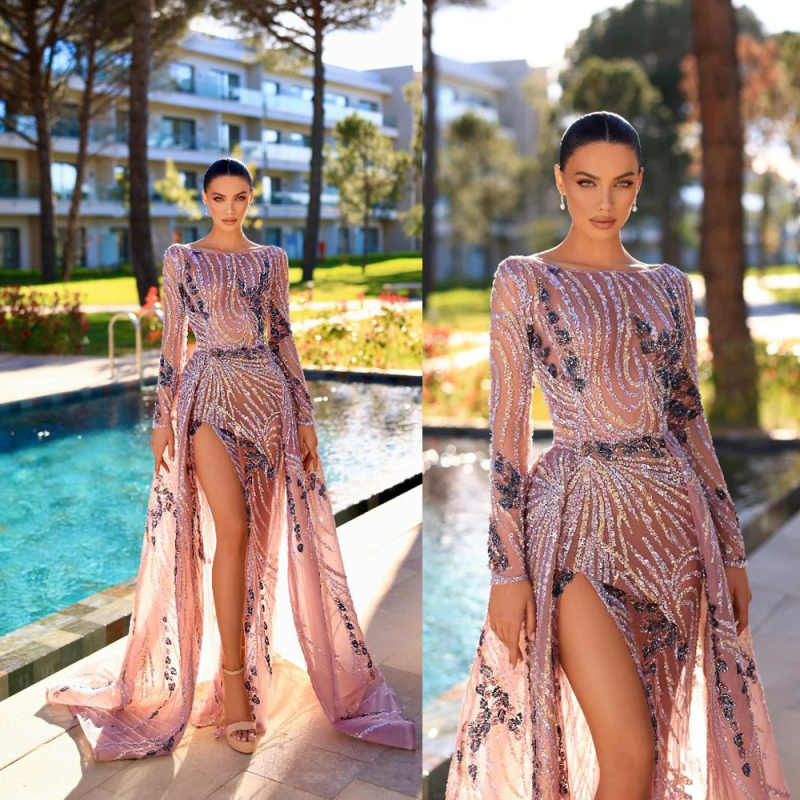 Glitter Sequins Long Sleeve Evening Dresses Customized Sexy Sequined Side Slit Prom Dress Floor Length Party Gown