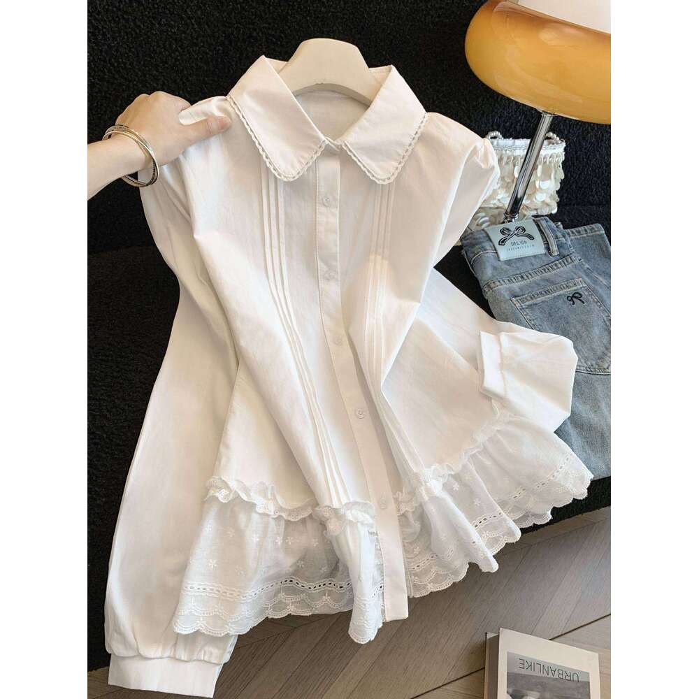 Elegant white long-sleeve shirt with lace hem and patchwork design for women, 2026 new model, Designer doll collar top A10479