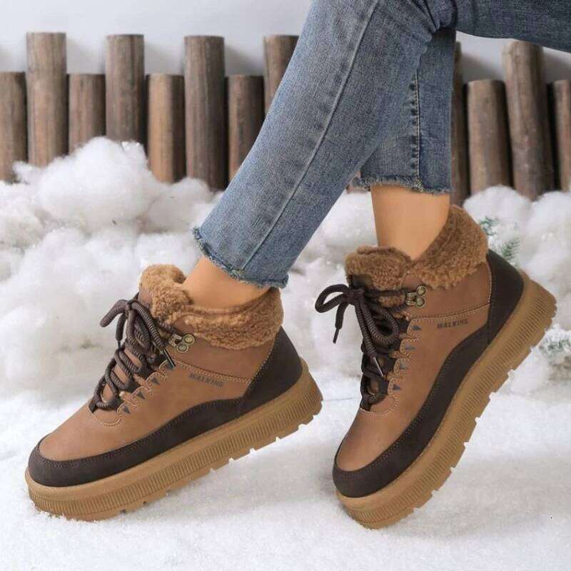 2025 New Thick Bottom Women's Plush Lace Warm Outdoor Non slip Casual Shoes