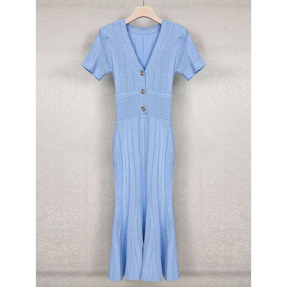 Blue Short-Sleeved V-Neck Knitted Long Dresses Temperament Elegant Stretch Slim Women's Dress Autumn New Mdng260306