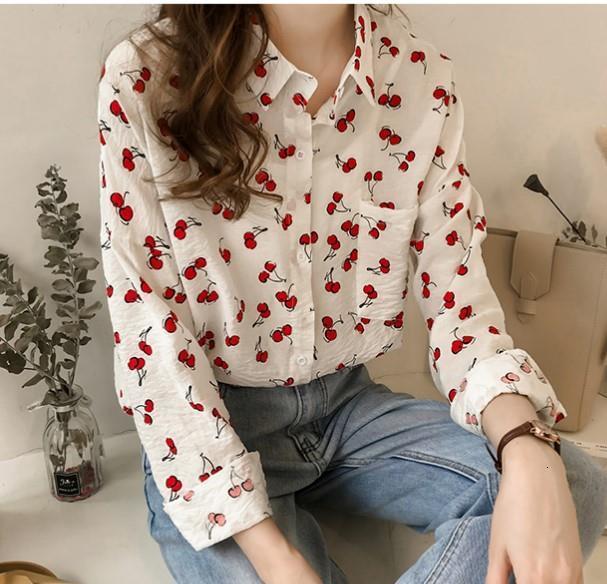 Women Shirts Long Sleeve Cotton Blouse Fashion Print Cherry Lips Flower Top Shirts For Women Autumn Under Shirt Ladies Office 210323