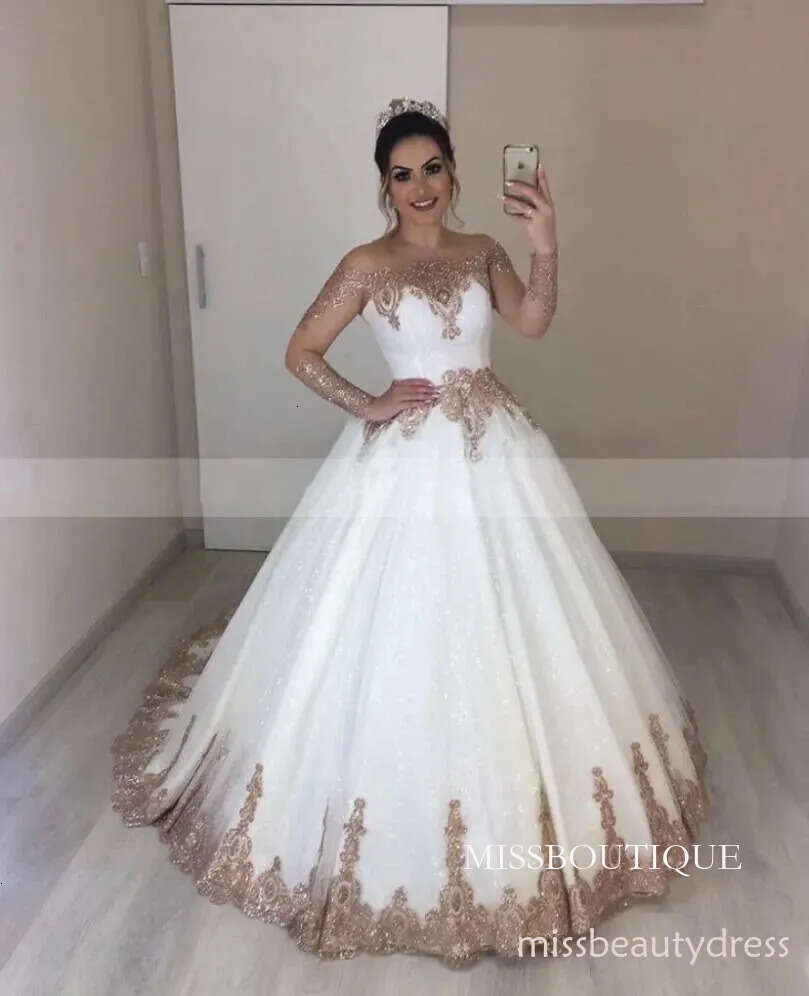 Princess White Wedding With Rose Gold Appliques Vintage Transparent Long Sleeves Bridal Dress Ball Gown Robe Mariage Dresses D07 D0306