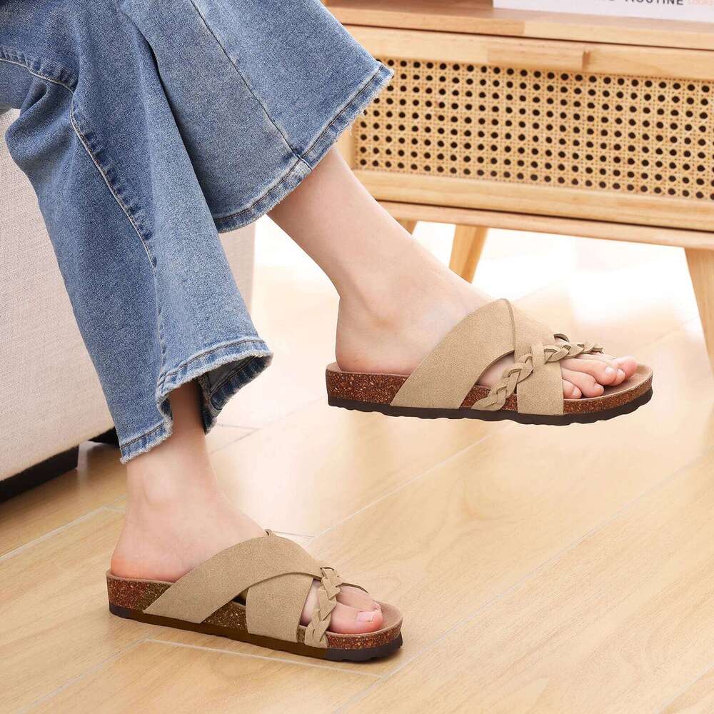 Litfun Casual With Arch Support New Cork Footbed Slides Walking Slip On Sandals Braided Straps Women's Slippers