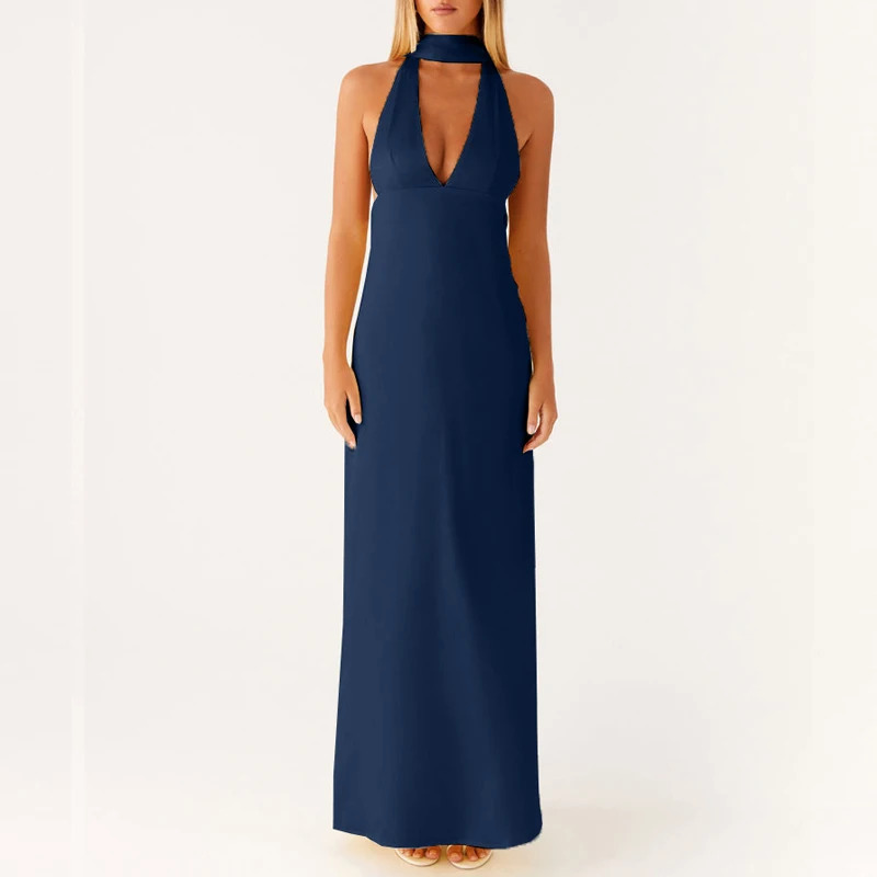 Maemukilabe Sexy Sleeveless Low Cut Print Maxi Dress Boho Halter Neck Slim Fit Flowy Long Dress Backless Floral Summer Beachwear 260306
