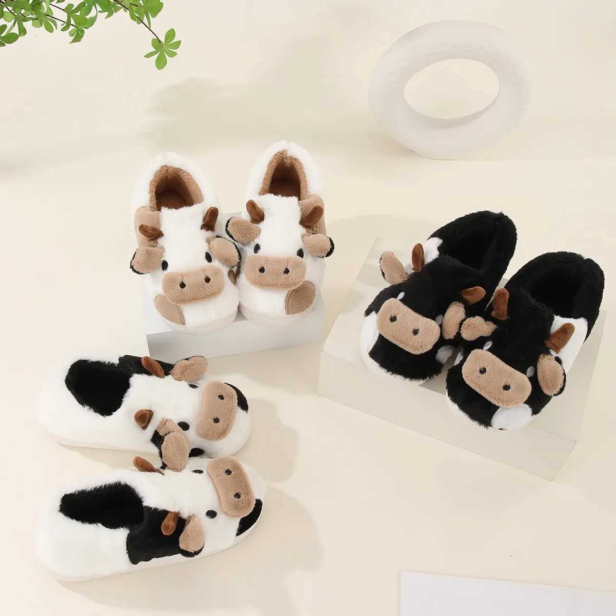 New winter neutral cartoon cow warm plush slippers for couples indoor anti slip home slippers for men and women home cotton sh S260305