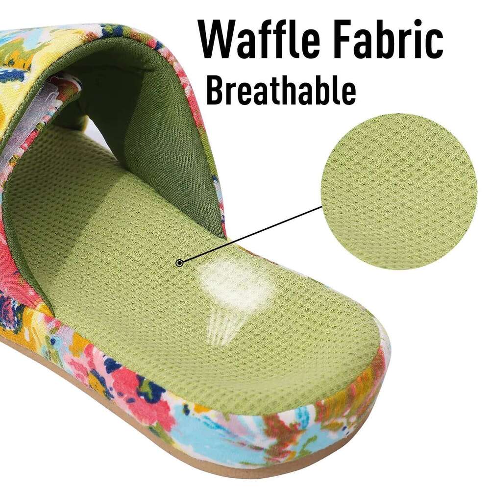 Litfun Open Toe Women Slippers Breathable Soft Bottom Indoor Home Shoes Waffle Cotton Slides Female Memory Foam Printed Sandals
