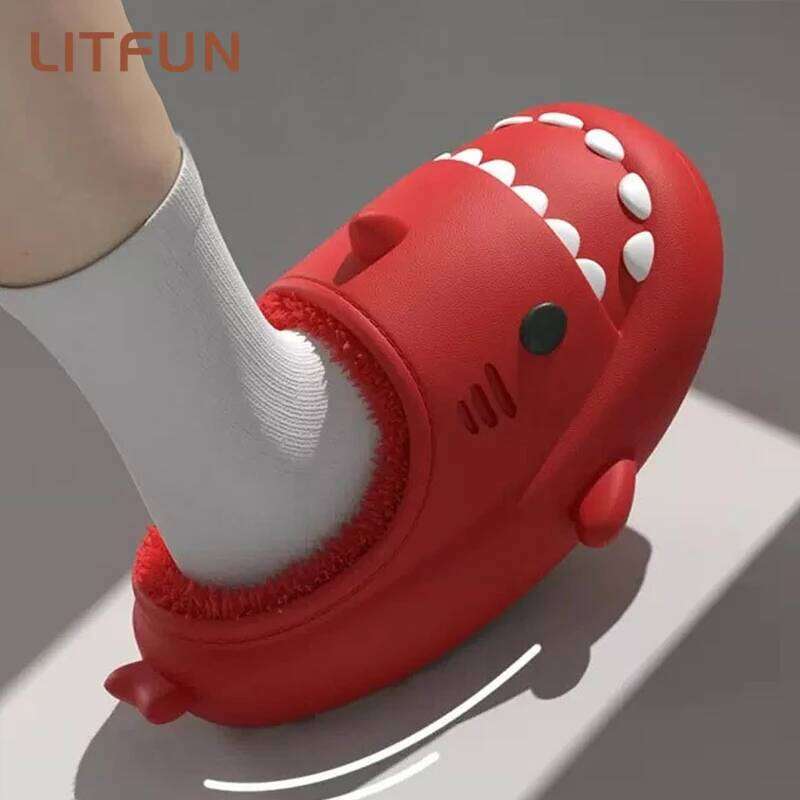 Litfun Plush Slippers Women Men Winter Cozy Fur Cartoon Furry Home Shoes Platform Waterproof Shark Slides