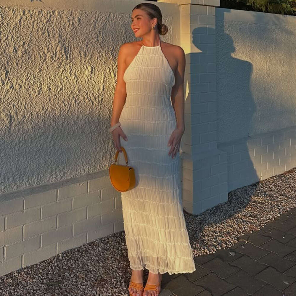 European and American foreign trade women's backless pleated fabric unique dress, new breathable lace-up ruffle long dress