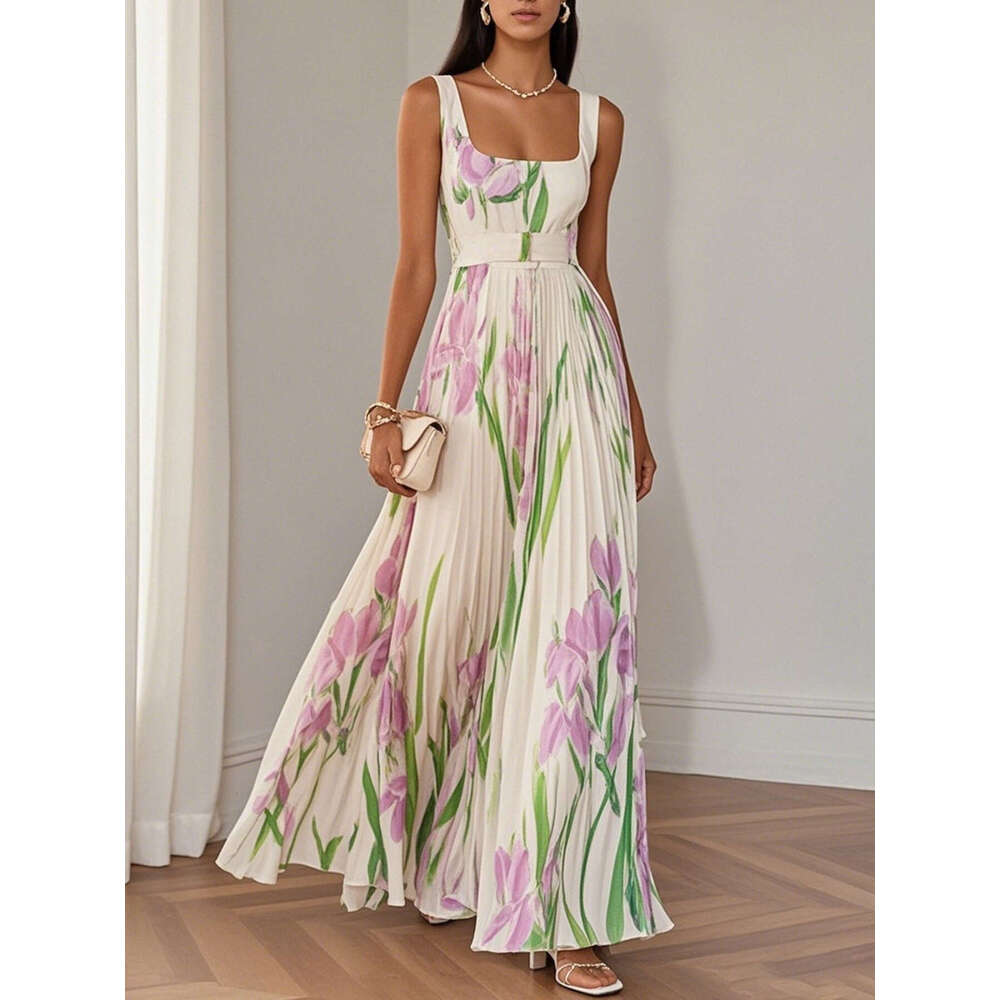 Women's Elegant Summer Maxi Dress Floral Digital Print Pleated Flowy Beach Vacation Party Dress 2026 New Fashion