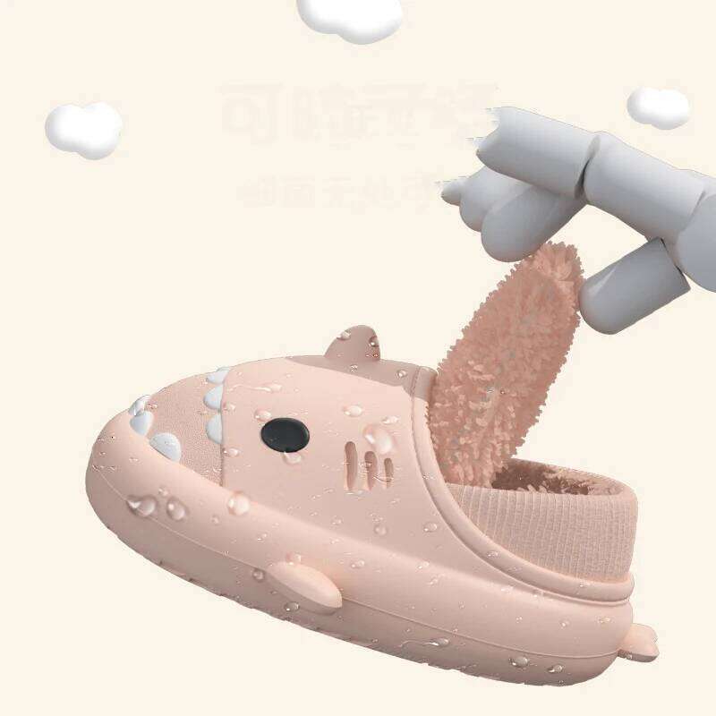 Litfun Winter Lining Cartoon Shark For Women Men Cotton Slides Waterproof Platform Plush Cozy Warm Men's Slippers