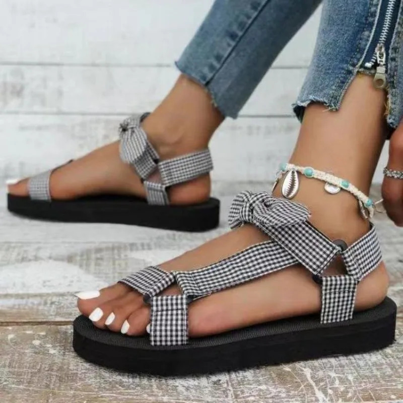 Summer Women Casual Sandals Color Flat Casual Lace Up Bow Shoes for Ladies Fashion Outdoor Leopard Beach Mujer Plus Size 43 260305