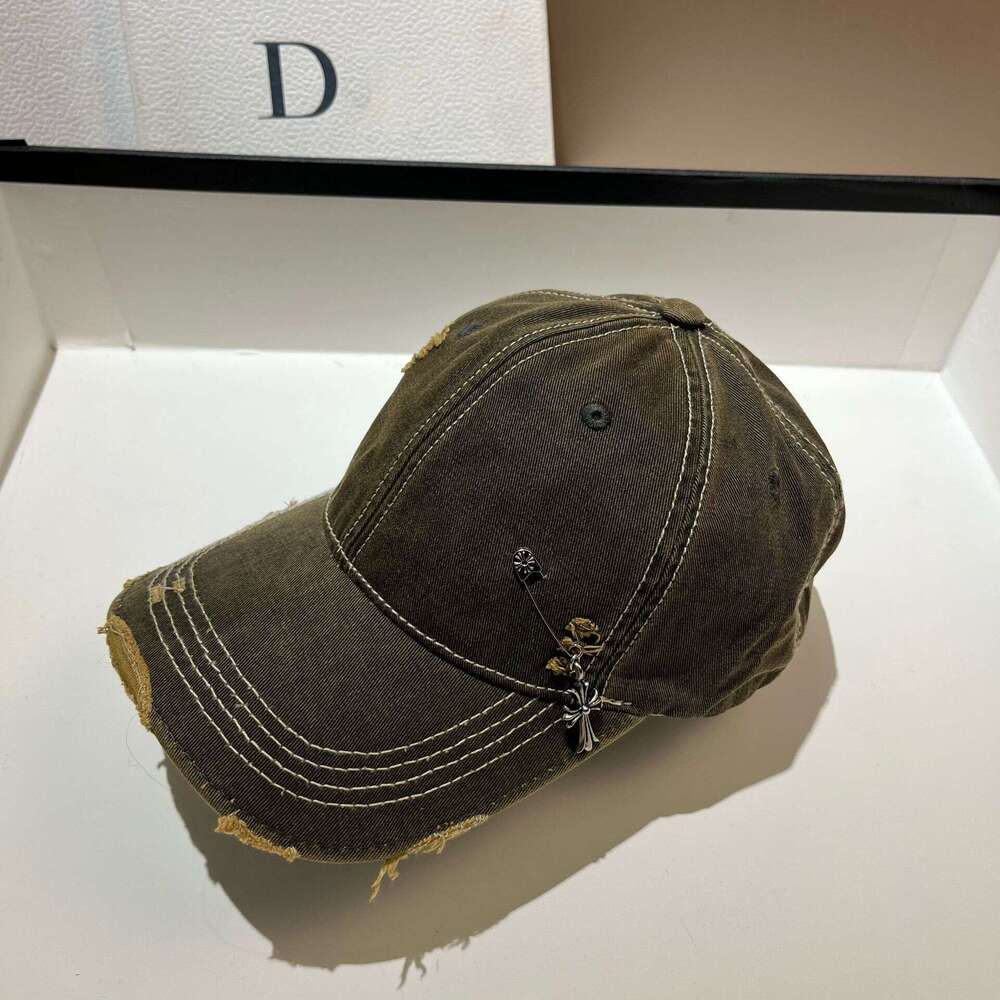 Trendy Cross pin washed denim baseball cap Casual sports hat youthful Unique Distressed Color-blocking American style