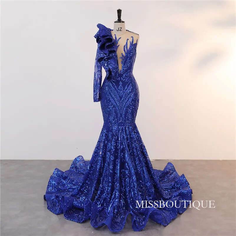 New Royal Blue Dark Green Mermaid Prom Dresses Sparkle Sheer Neck Sleeve Sequins Lace Appliques Ruffles Long Evening Gowns Bm3500 D0306
