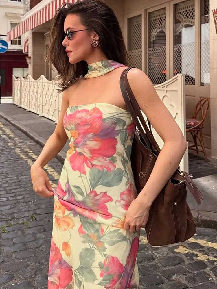Weird Puss Flower Print 2 Piece Set Women Elastic Strapless DressRibbon Scarf Vacation Party Elegant Fashion Stretch Vestidos X260306