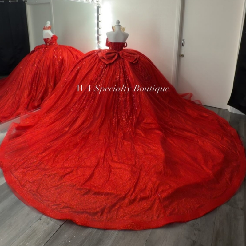 Red Shiny Quinceanera Dresses Ball Gown Off The Shoulder Sequin Beading Crystal Bow Corset Party Birthday Sweet 16 Dress Vestidos 15 De Anos