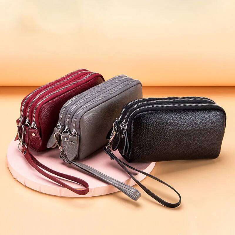 Leather Women Mini Wallet Three Zipper Coin Purse Cute Small Clutch Bag Designer Multi-Functional Card Holder Bags C260304