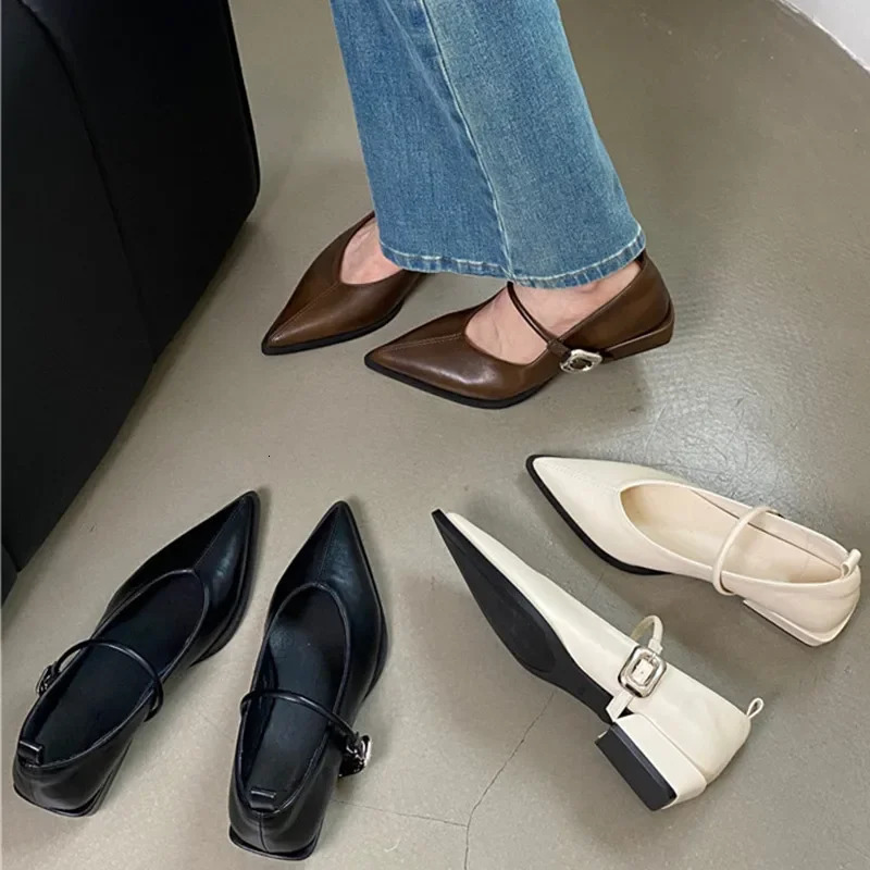 Pointed Toe Women Shoes Buckle Strap Solid Color Retro er Low Heel Shallow Female Shoes Leather Concise Casual Shoes 260303