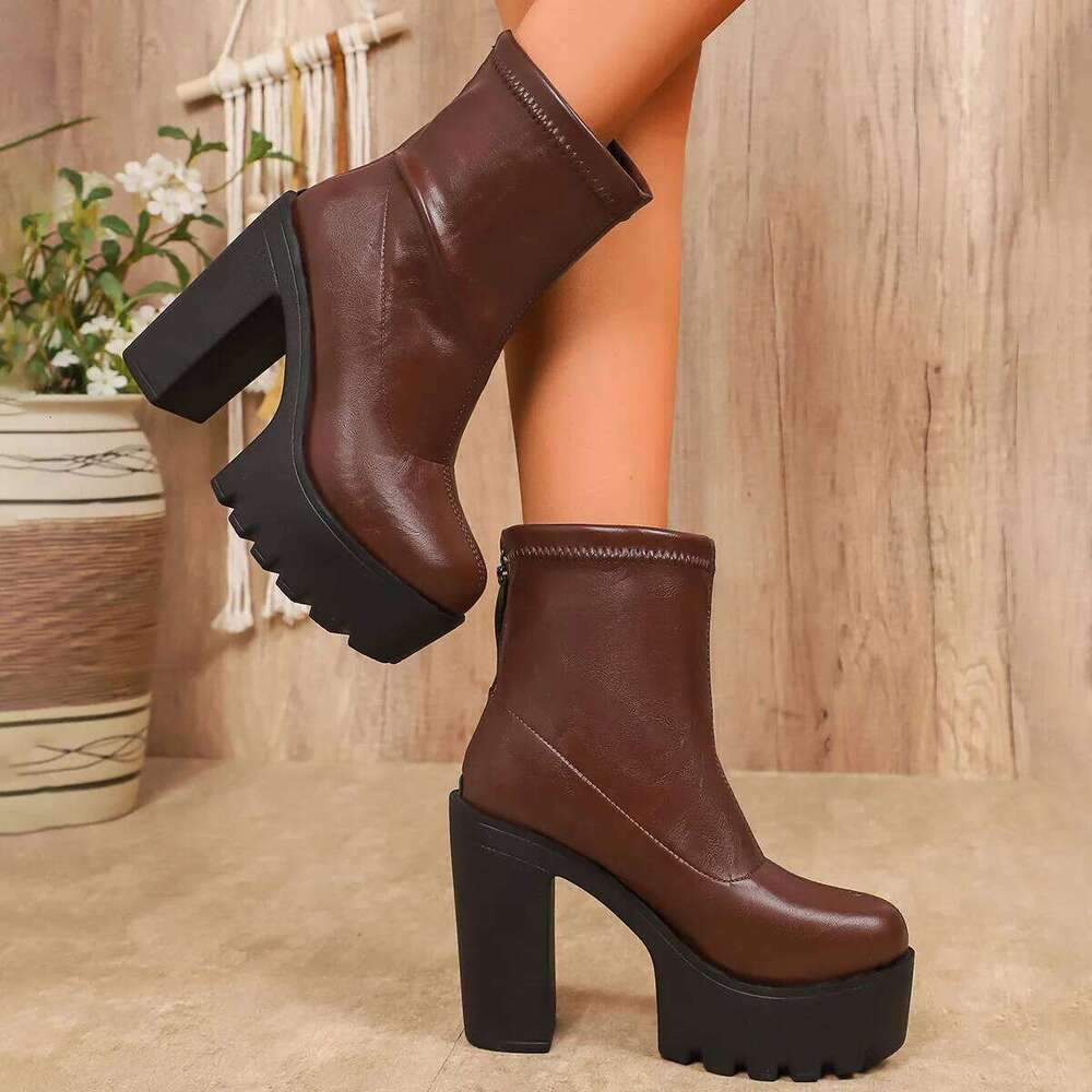 Womens Thick Sole Wide Heel Designer Fashion Platform Ladies High Quality Luxury Women Leather Boots Shoes