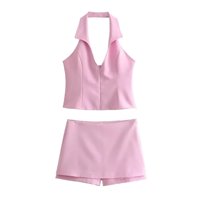 Women Summer 2 Piece Set High Waist Back Pocket Mini Skirts Shorts Sexy V-Neck Sleeveless Backless Suspender Zipper Top 260305