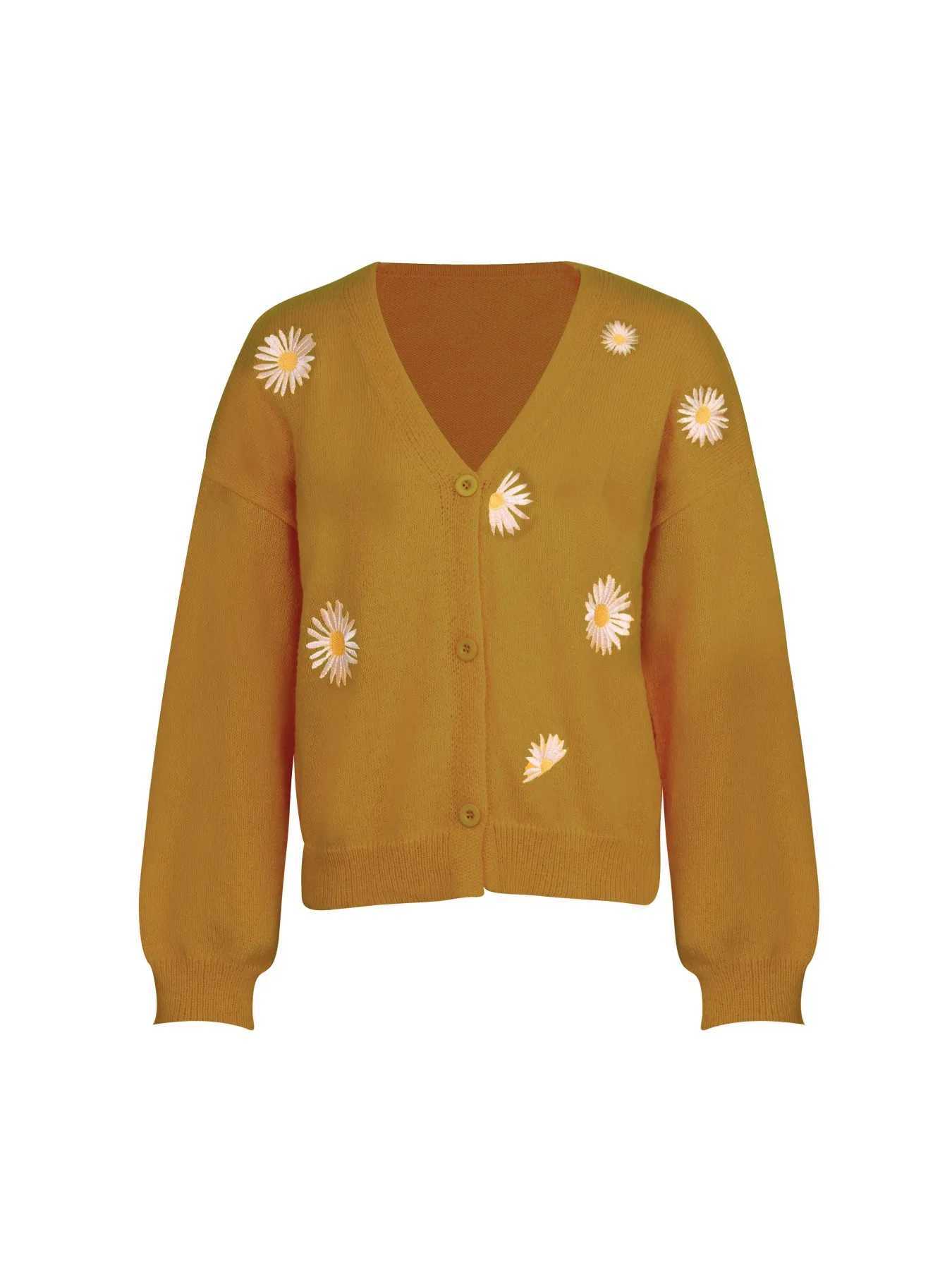 Womens Mustard Yellow Daisy Embroidered V-Neck Knit Cardigan Casual Oversized Long Sleeve Outerwear M260306