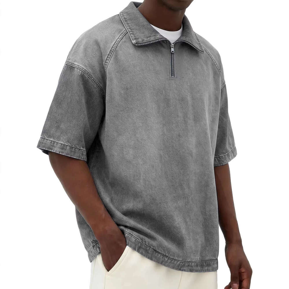 2026 European and American cross-border men's clothing, faux denim fabric, short-sleeved, turn-down collar, zipper - retro trendy fitted short-sl