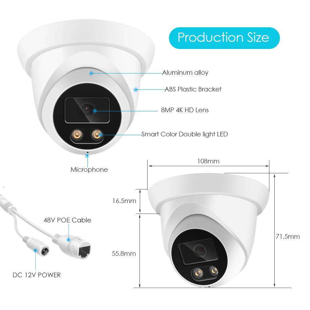 8MP 4K IP Camera Outdoor Face Detection Audio Dual Light H.265 CCTV Metal Dome POE Surveillance Security RTSP 26W0306