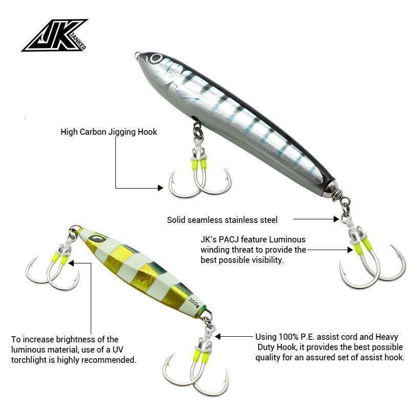 JK PACJ Power Twin Assist Hooks Set 1/0-11/0 Luminous Heavy Jig Hook Boat Fishing Accessories Saltwater Fishhooks S260305